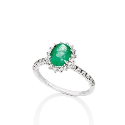 Anel em ouro branco, esmeralda e diamantes - Jardim Das Esmeraldas
