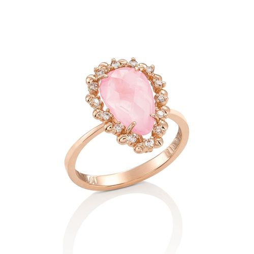 Anel em ouro rosa, quartzo rosa e diamantes - Eva