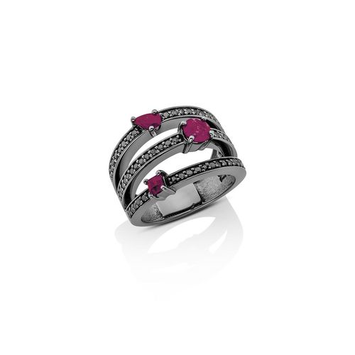 Anel em ouro branco, ródio negro, diamantes negros e rubis - Evergreen