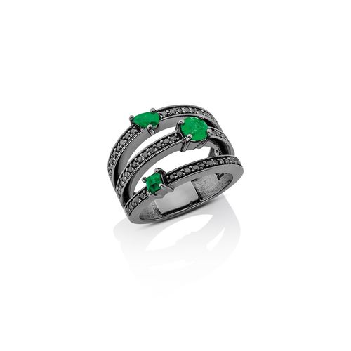 Anel em ouro branco, ródio negro, diamantes negros e esmeraldas – Evergreen