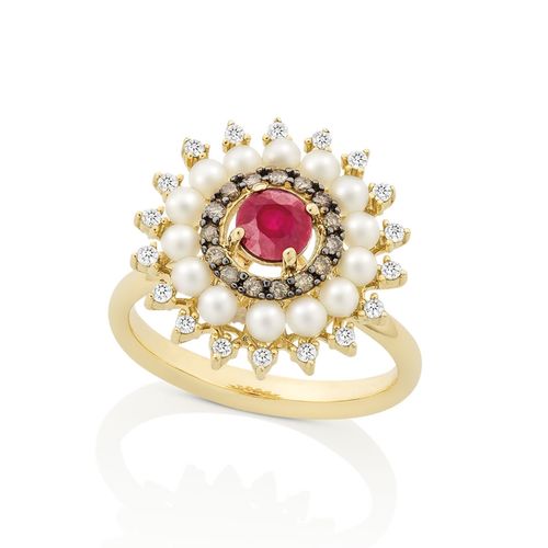 Anel em ouro amarelo, rubi, pérolas, diamantes dark brown e diamantes - Bizance