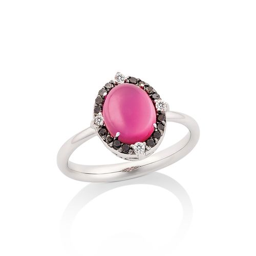 Anel em ouro branco, diamante, diamante negro e turmalina rosa - Bombom