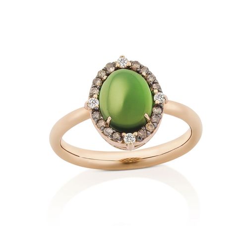 Anel em ouro rosa, diamante, diamante dark brown e turmalina verde - Bombom