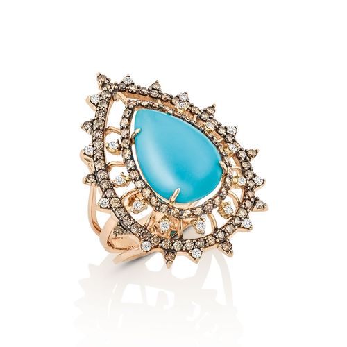 Anel em ouro rosa, diamantes, diamantes brown e turquesa - Boreal