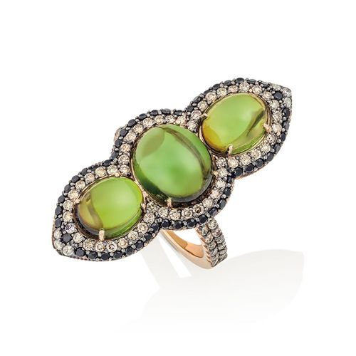 Anel em ouro rosa, diamantes, diamantes dark brown, turmalinas verde e espinélios - Bombom