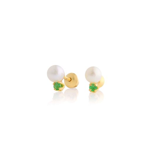 Brinco em ouro amarelo, esmeraldas e pérolas - Infantil