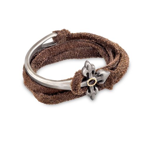 Pulseira em prata, ouro amarelo e fio de couro - Adaga