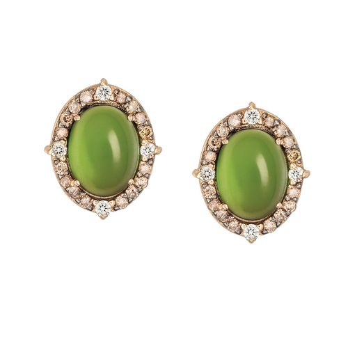 Brinco em ouro rosa, diamantes, diamantes dark brown e turmalinas verdes - Bombom