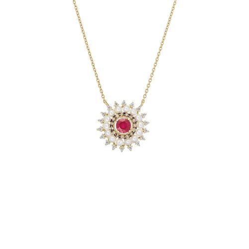 Colar em ouro amarelo, diamantes, diamantes dark brown, rubi e pérolas - Bizance