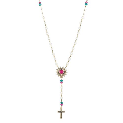 Colar em ouro amarelo, diamantes, diamantes dark brown, esmeraldas, pérolas e rubis - terço - Bizance