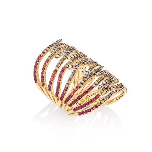 Anel em ouro amarelo, safiras amarelas, safiras laranjas, rubis, diamantes brown e diamantes - Lauren