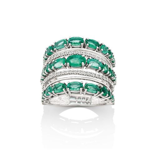 Anel em ouro branco, esmeraldas e diamantes - Sophia