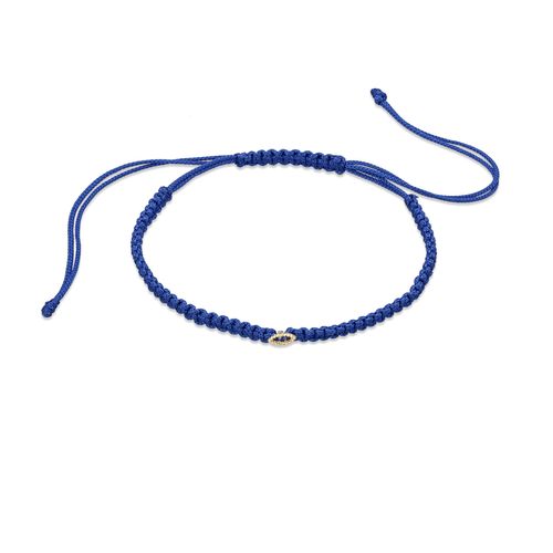 Pulseira em ouro amarelo, fio de seda e topázio azul - olho - Sorte