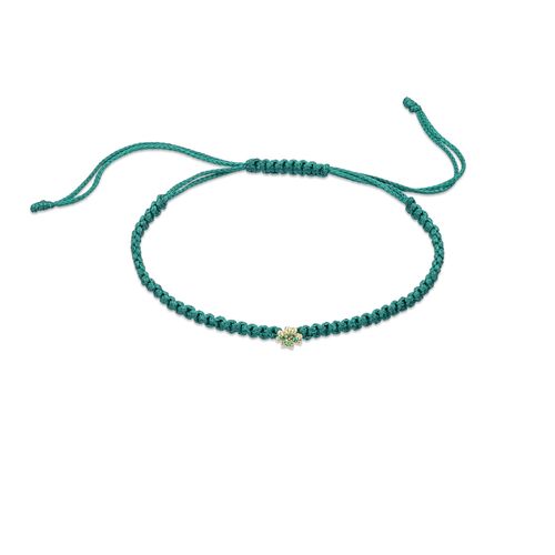 Pulseira em ouro amarelo, fio de seda e tsavorita - trevo - Sorte