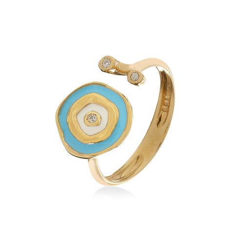 Anel em ouro amarelo, diamante e esmalte azul e branco - Olho Grego
