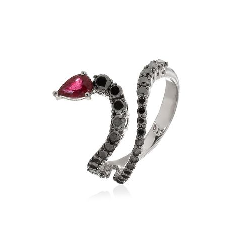 Anel em ouro branco, rubi e diamantes negros - Serpente