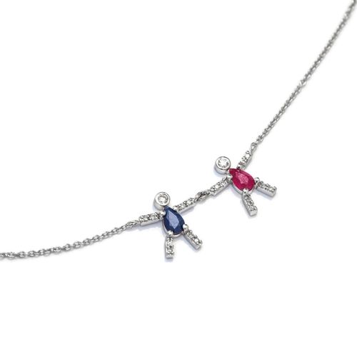 Colar em ouro branco, safira azul, rubi e diamantes - Boys and Girls