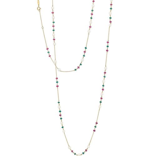 Colar em ouro amarelo, rubis, esmeraldas e pérolas - sautoir - Bizance