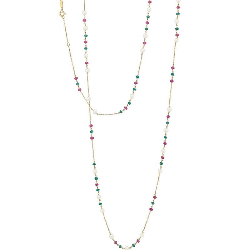 Colar em ouro amarelo  rubis  esmeraldas e p rolas - sautoir - Bizance 0