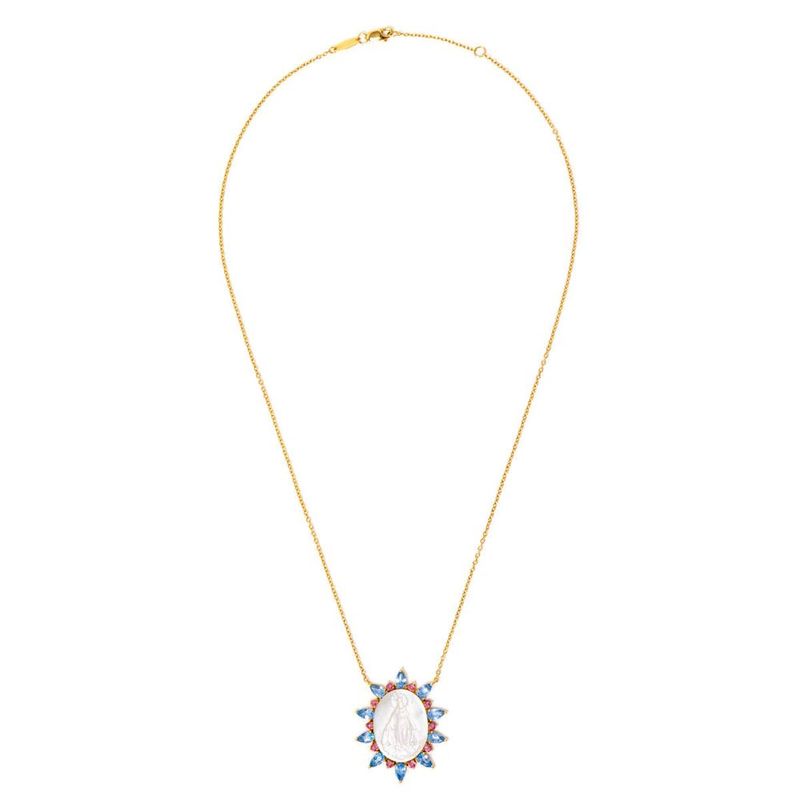 Colar em ouro amarelo  turmalina rosa  top zio azul e madrep rola - Nossa Senhora das Gracas - Religioso 3