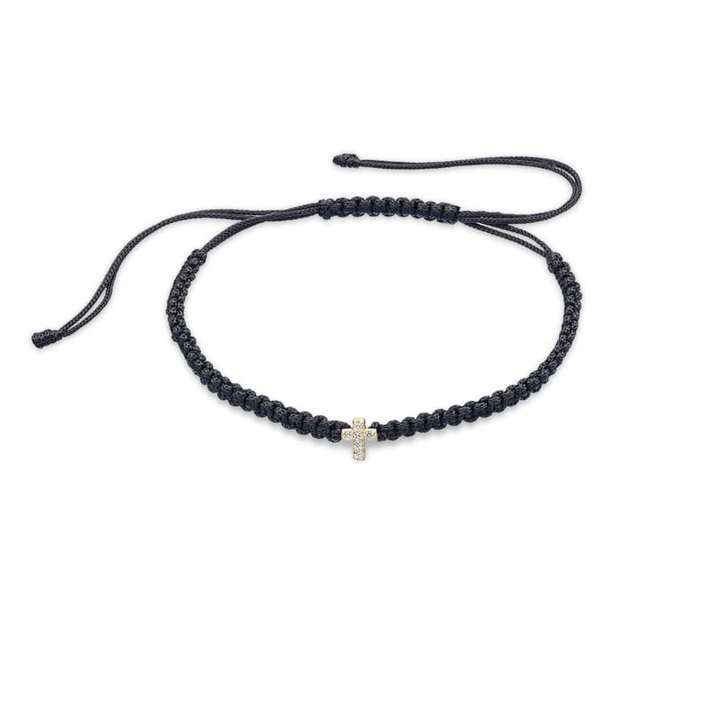Pulseira em ouro amarelo  top zios brancos e fio de seda - cruz - Sorte 0