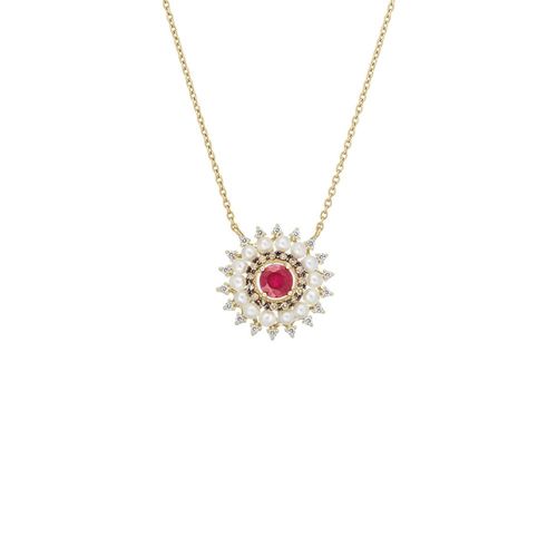 Colar em ouro amarelo, diamantes, diamantes dark brown, rubi e pérolas - Bizance