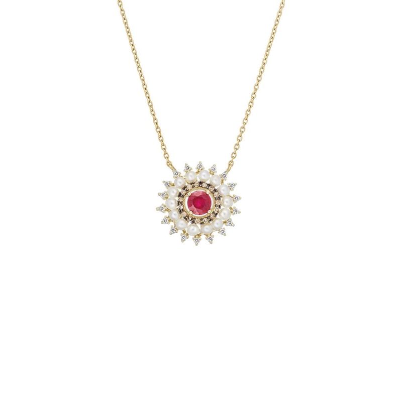 Colar em ouro amarelo  diamantes  diamantes dark brown  rubi e p rolas - Bizance 0
