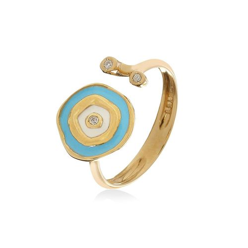 Anel em ouro amarelo, diamante e esmalte azul e branco - Olho Grego