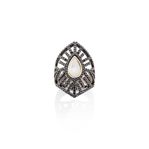 Anel em prata, ouro rosa, ródio negro, madrepérola e espinélios - Whiteheaven