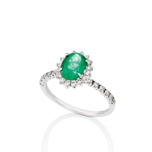 Anel em ouro branco, esmeralda e diamantes - Jardim Das Esmeraldas