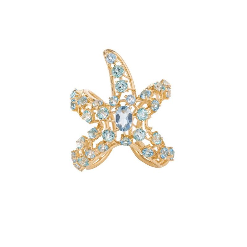 Anel em ouro amarelo   gua marinha e top zios azuis - estrela do mar - Oceano 2