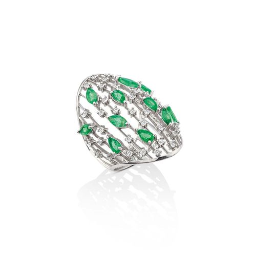 Anel em ouro branco, esmeraldas e diamantes - Island - Oceano