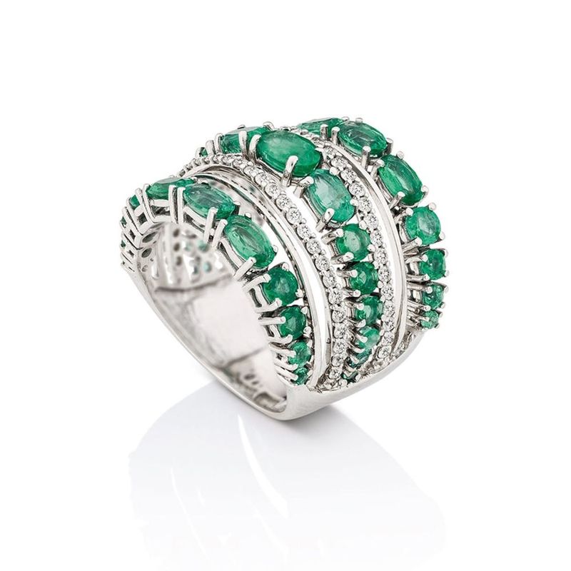 Anel em ouro branco  esmeraldas e diamantes - Sophia 1