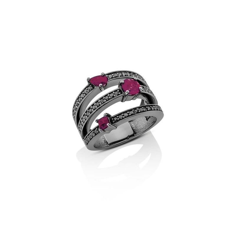 Anel em ouro branco  r dio negro  diamantes negros e rubis - Evergreen 0
