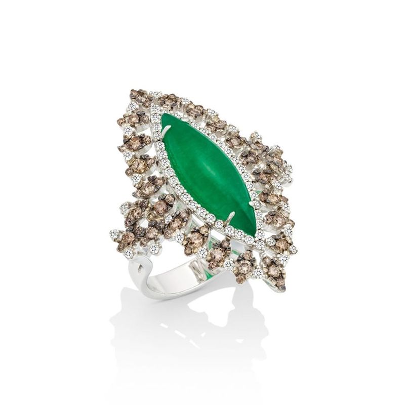 Anel em ouro branco  diamante  diamante brown e jade - Stacatto 0