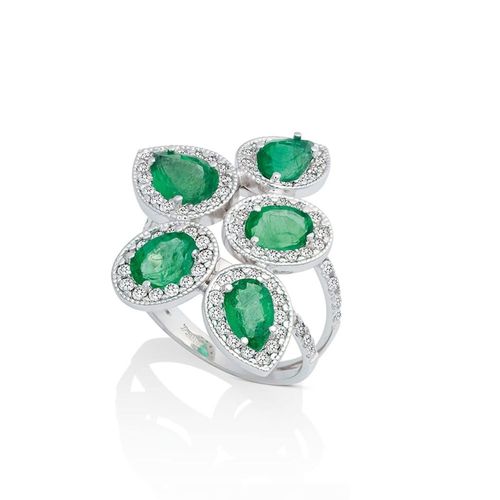 Anel em ouro branco, diamantes e esmeraldas - Reverie