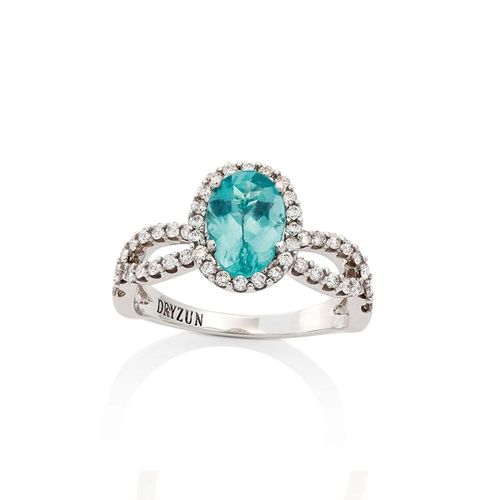 Anel em ouro branco, apatita neon e diamantes - Néon