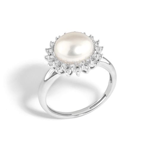 Anel em ouro branco com perola e diamantes