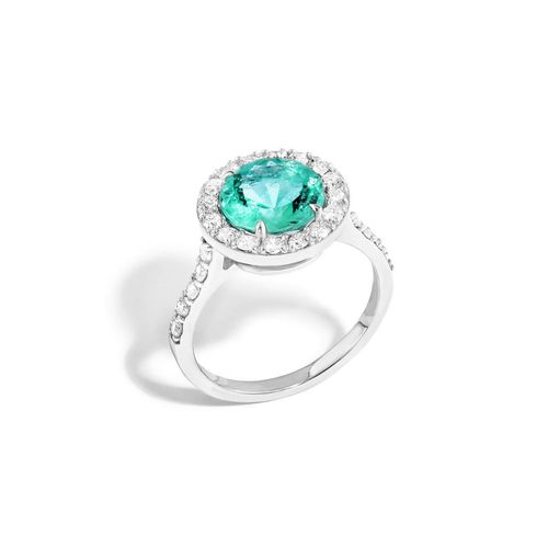 Anel em ouro branco com esmeralda e diamantes -  Solitario