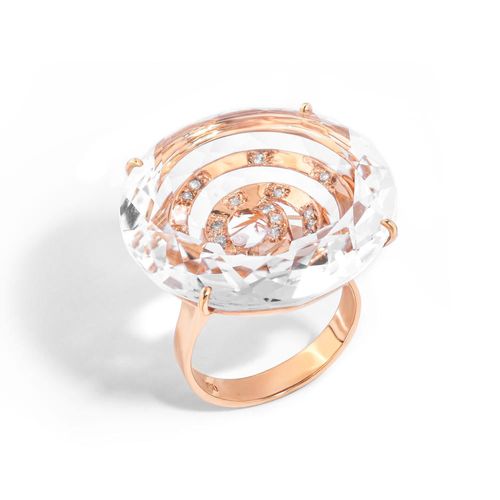 Anel em ouro rose com cristal e diamantes